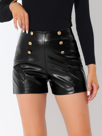 Casual High Waisted Button Decor Stretchy Faux Leather Shorts