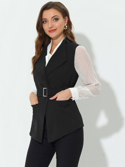 Allegra K Sleeveless Casual Shawl Collar Belted Work Office Suit Jacket Vest