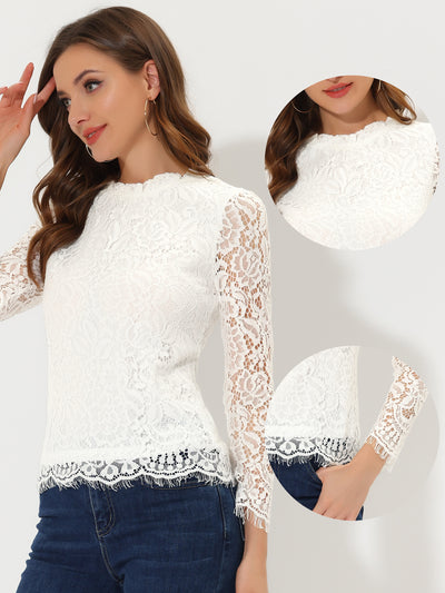 Lace Long Sleeve Ruffle Stand Neck Floral Blouse