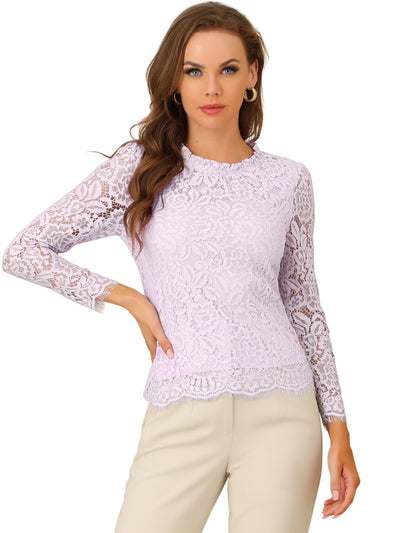 Lace Long Sleeve Ruffle Stand Neck Floral Blouse