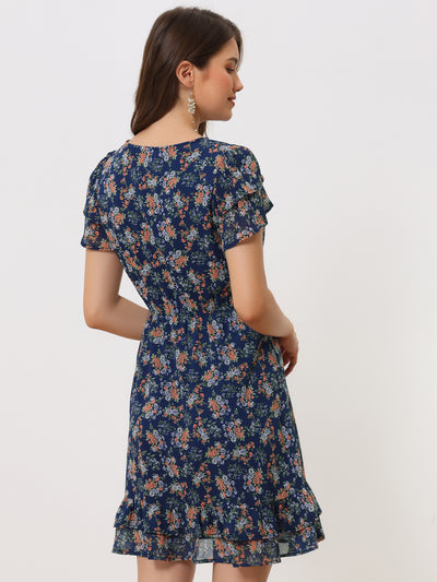 Ruffle Sleeve Self-Tie V Neck Above Knee A-Line Floral Chiffon Dress