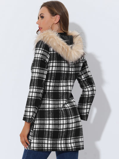 Winter Thick Button Front Pockets Check Plaid Coat with Fluffy Hood