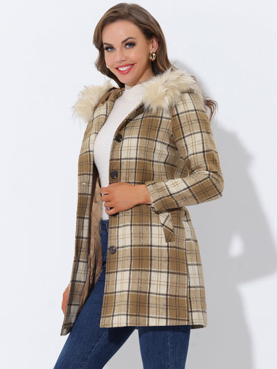 Winter Thick Button Front Pockets Check Plaid Coat with Fluffy Hood