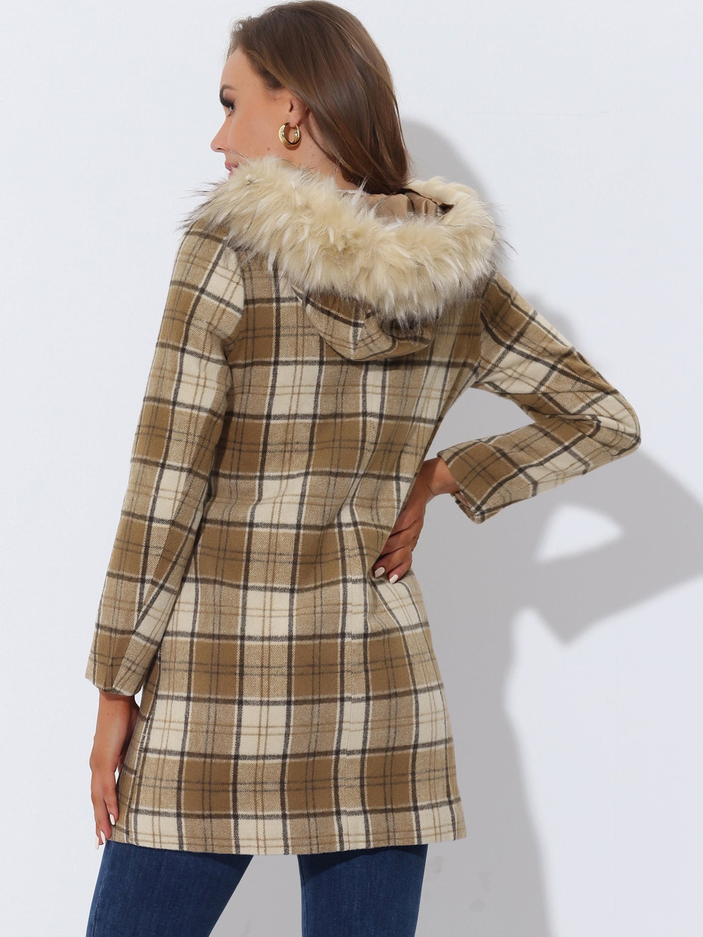 Allegra K Winter Thick Button Front Pockets Check Plaid Coat with Fluffy Hood