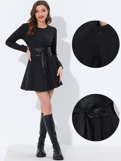 Allegra K Casual Long Sleeve Round Neck Button Down Belted Shirt Dresses