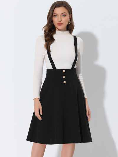 Allegra K High Waist Solid Button Decor Flared Midi Overall Suspender Skirt