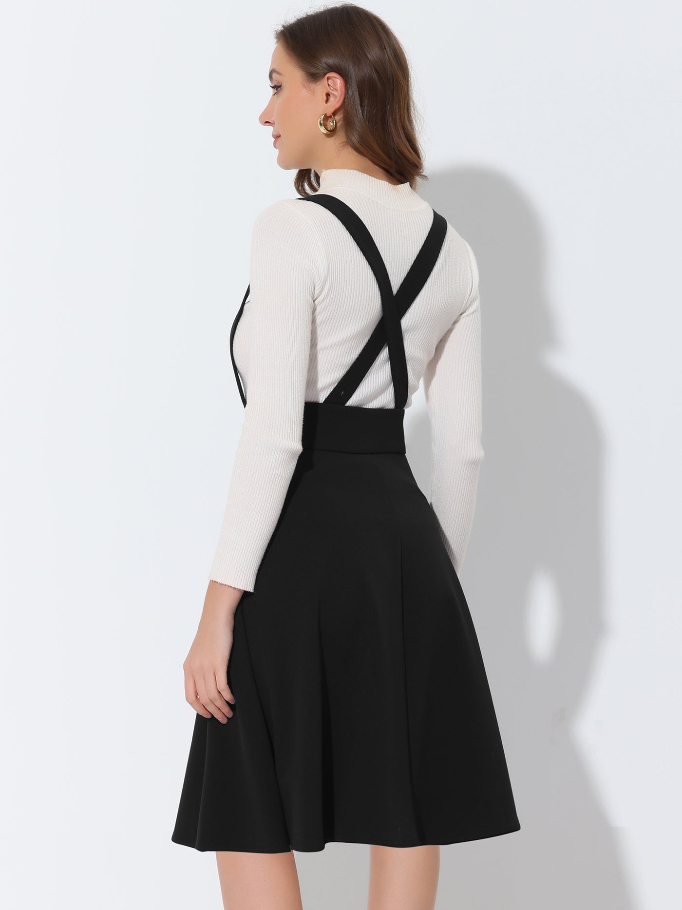 Allegra K High Waist Solid Button Decor Flared Midi Overall Suspender Skirt