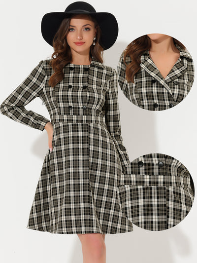 Plaid Long Sleeve Turndown Collar Double Breasted Button Dress