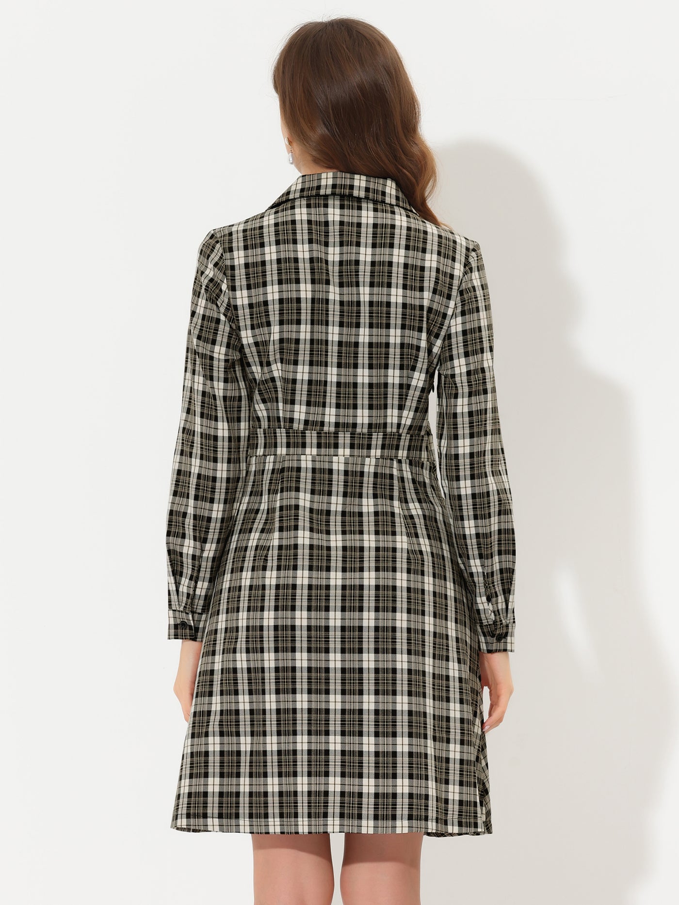 Allegra K Plaid Long Sleeve Turndown Collar Double Breasted Button Dress