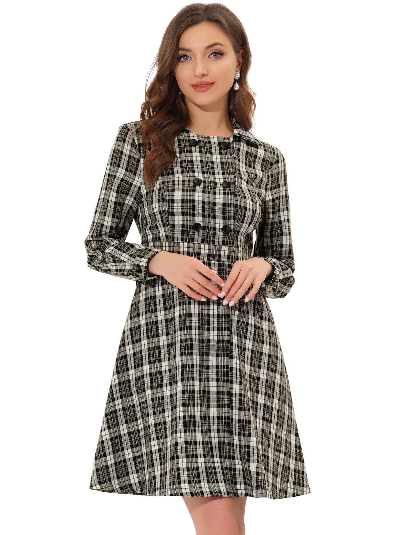 Allegra K Plaid Long Sleeve Turndown Collar Double Breasted Button Dress