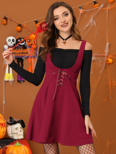 Halloween Suspender Gothic Lace Up A-Line Mini Overall Skirt