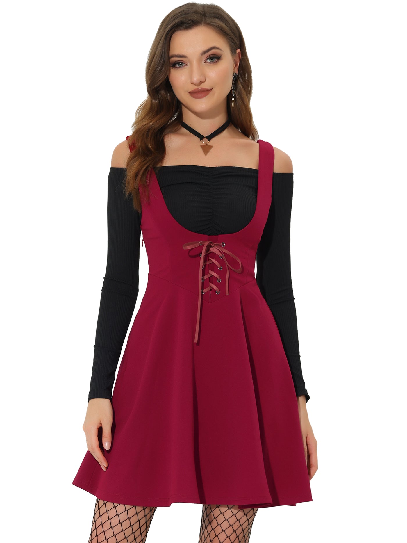 Allegra K Halloween Suspender Gothic Lace Up A-Line Mini Overall Skirt