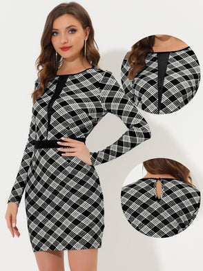 Plaid Mesh Panel Long Sleeve Party Sexy Bodycon Dress