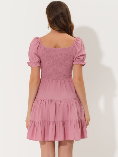 Cute Flowy Ruffle Short Sleeve Tiered Square Tie Neck Dress