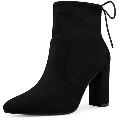 Allegra K Pointed Toe Drawstring Pull On Block Heel Ankle Boots
