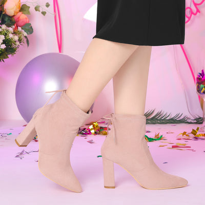 Pointed Toe Drawstring Pull On Block Heel Ankle Boots