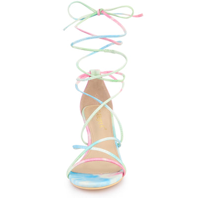 Open Toe Strappy Tie Dye Lace Up Kitten Heel Sandals