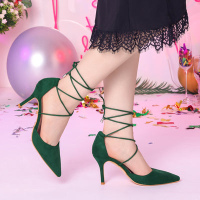 Pointed Toe Dress Pumps Lace Up Stiletto Heel Sandals