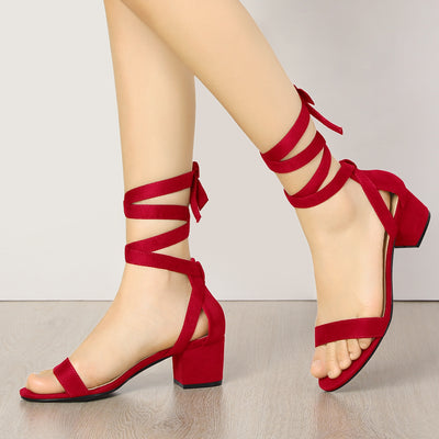 Open Toe Block Heel Lace Up Ankle Strap Sandals