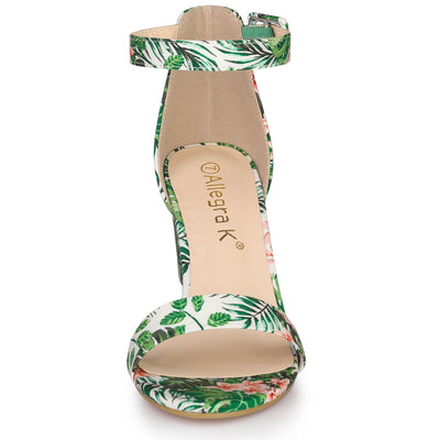 Floral Printed Open Toe Ankle Strap Block Heel Sandals