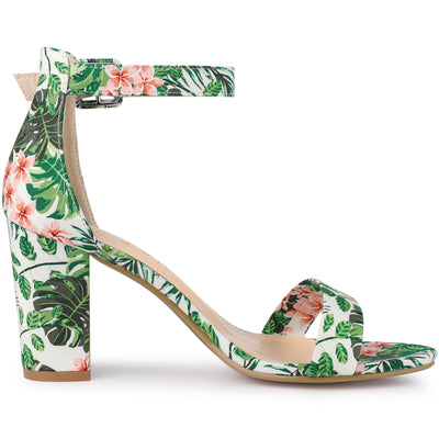 Floral Printed Open Toe Ankle Strap Block Heel Sandals