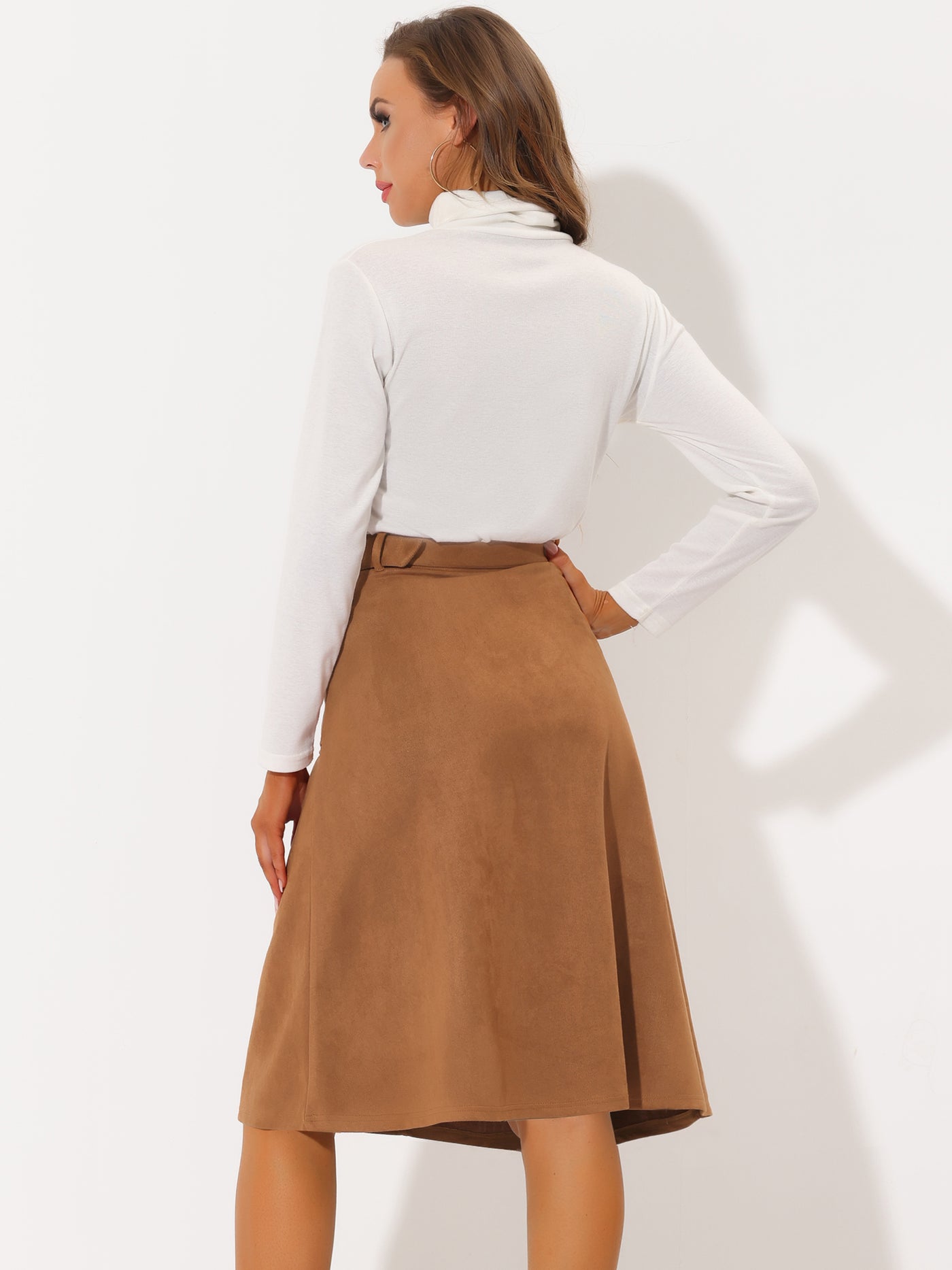 Allegra K Casual Faux Suede Pockets Stretch A-line Midi Skirt with Belt