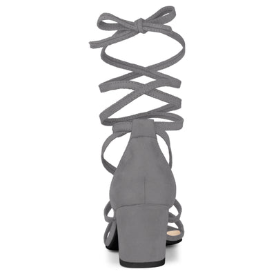 Open Toe Cross Strap Lace Up Mid Chunky Heel Sandals
