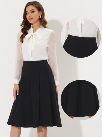 High Waist Solid Color Office Below Knee Flared Skirt