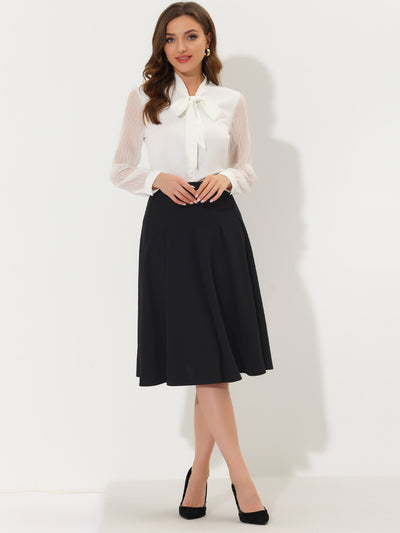High Waist Solid Color Office Below Knee Flared Skirt