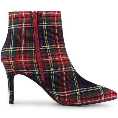 Plaid Pointed Toe Side Zip Stiletto Heel Ankle Boots