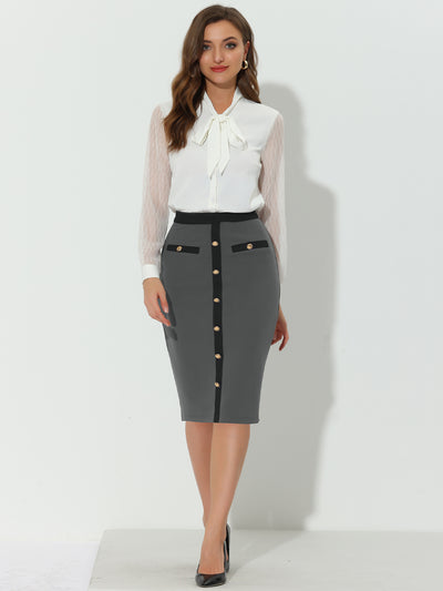 Pencil Contrast Color Button Decor Elegant Work Office Midi Skirt