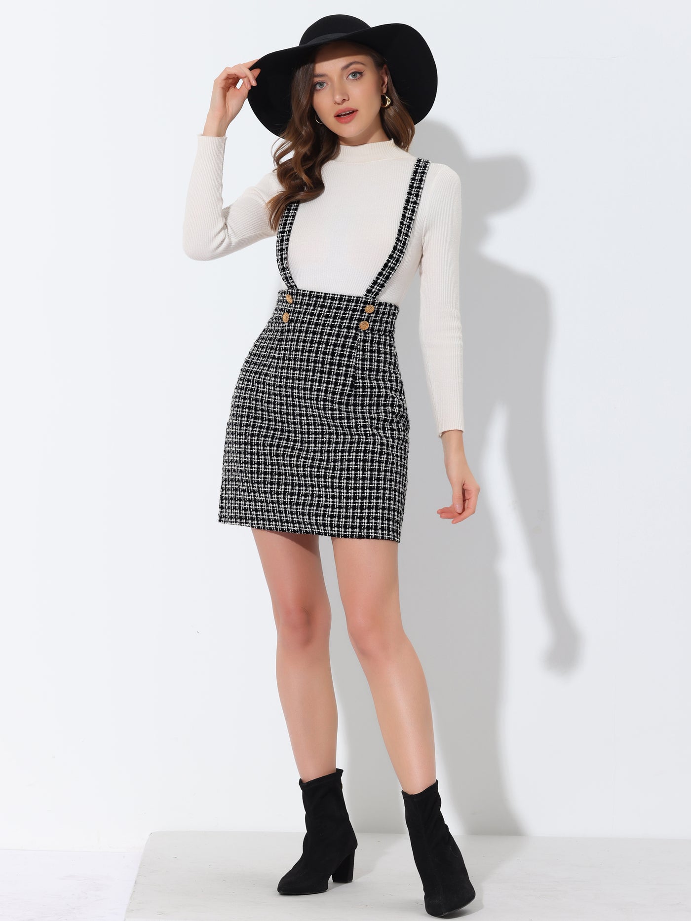Allegra K Vintage Plaid Overall Dress Strap Braces Tweed Suspender Skirt