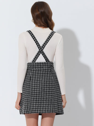 Vintage Plaid Overall Dress Strap Braces Tweed Suspender Skirt