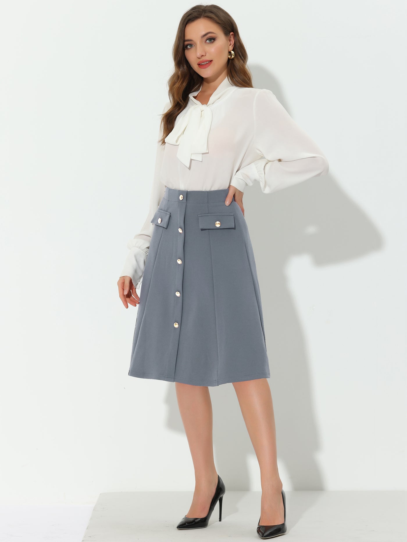 Allegra K Button Front Work A-Line Formal Knee Length Skirt