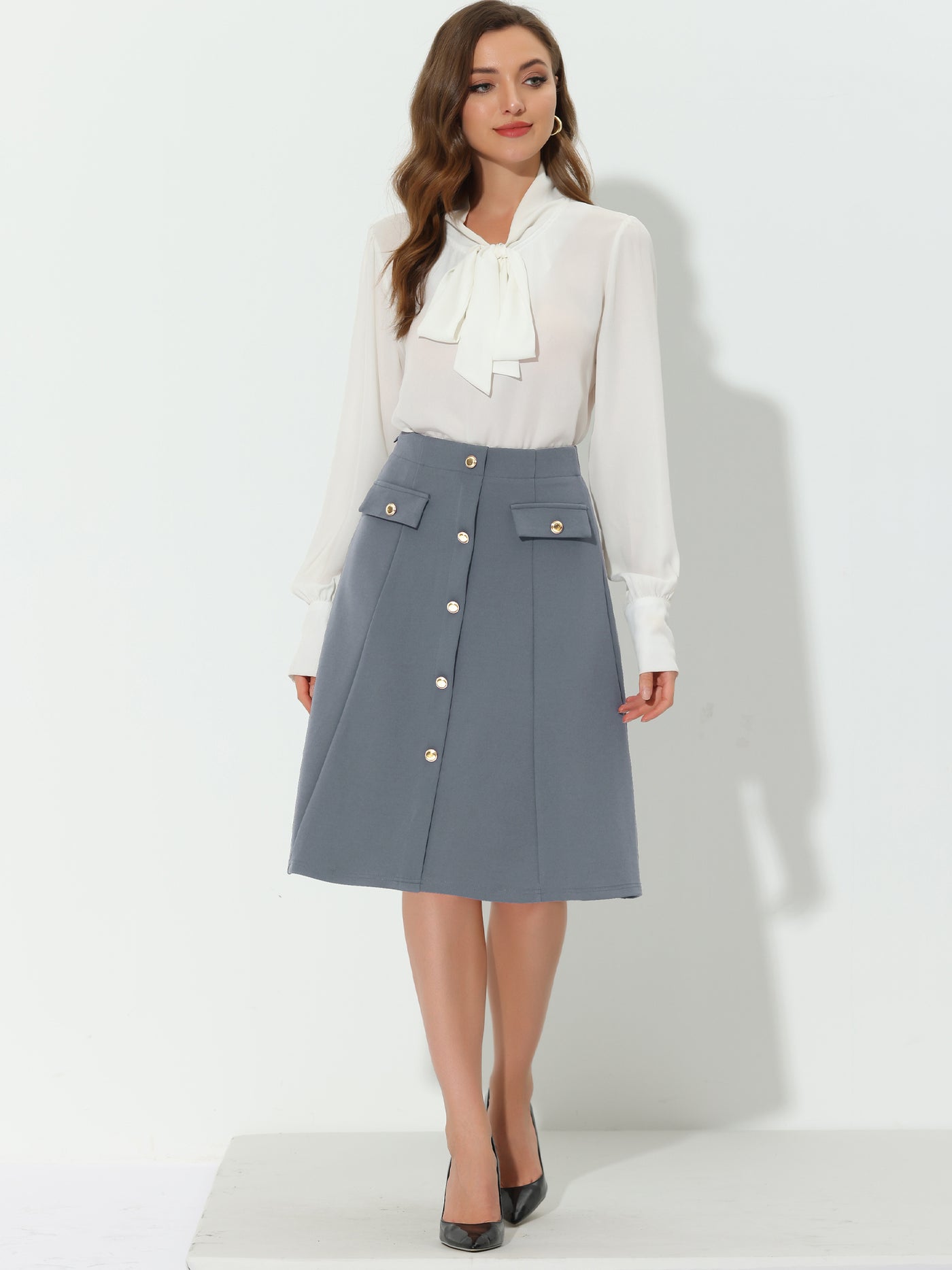 Allegra K Button Front Work A-Line Formal Knee Length Skirt
