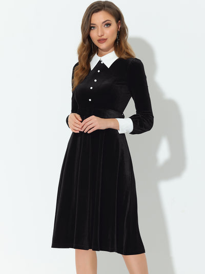 Contrast Collar Belted Lantern Sleeve Midi Gothic Velvet Dress
