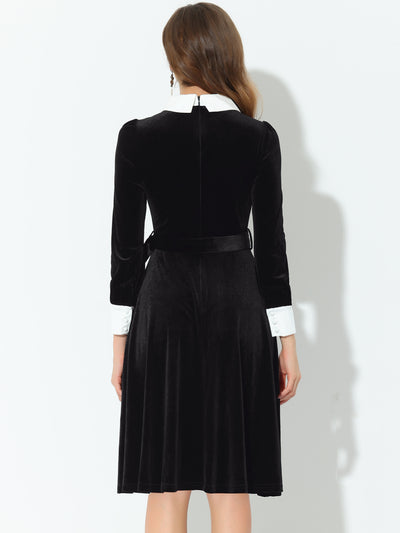 Contrast Collar Belted Lantern Sleeve Midi Gothic Velvet Dress