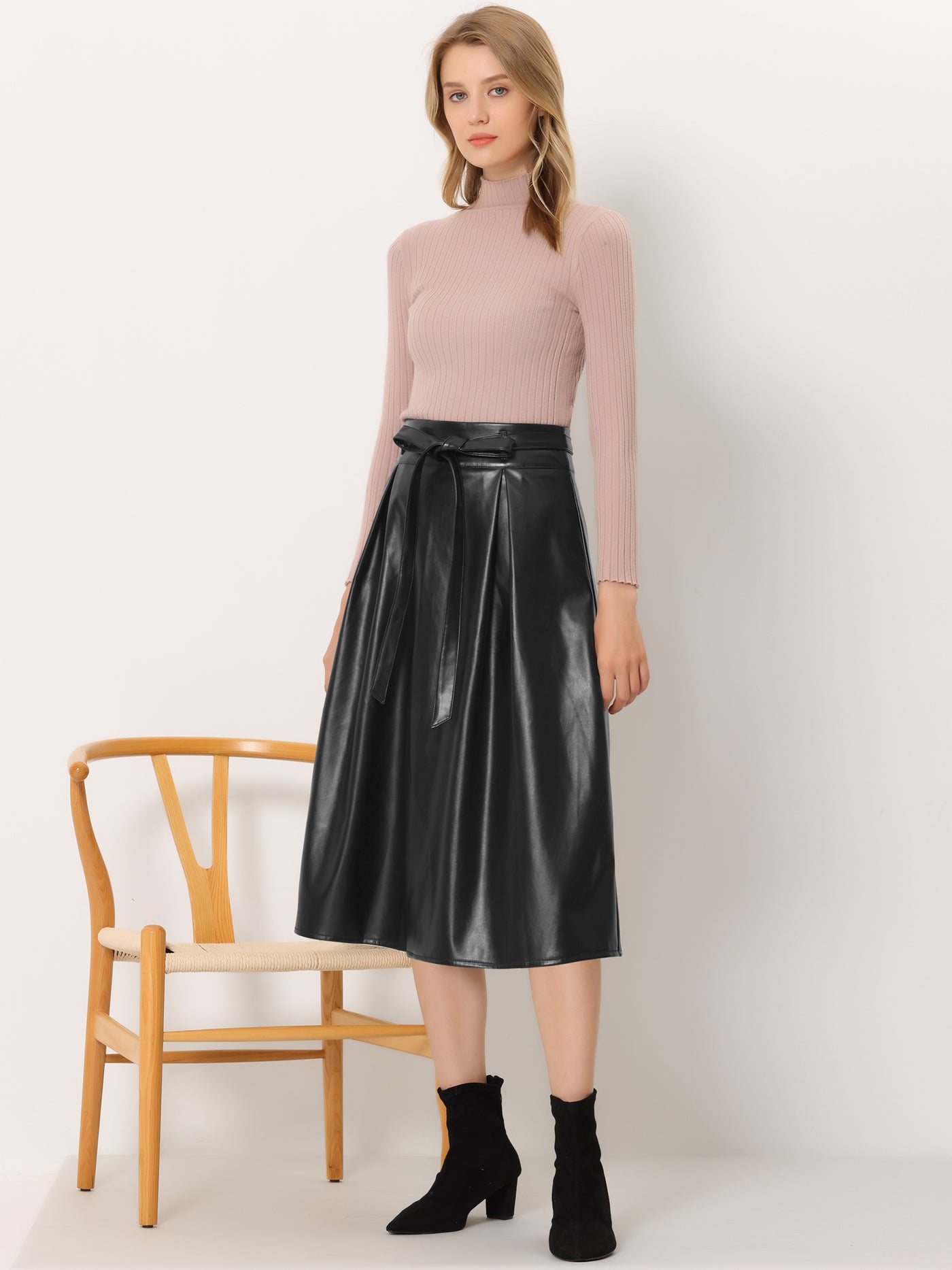 Allegra K Faux Leather High Waist Belted A-line Flare Midi Skirt