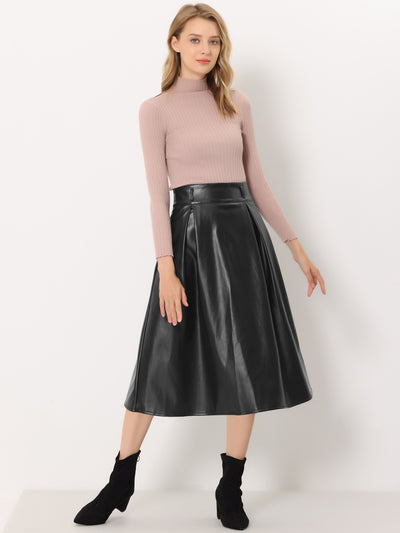 Faux Leather High Waist Belted A-line Flare Midi Skirt
