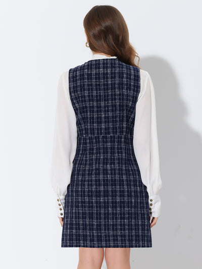 V Neck Button Down Pockets Vintage Sleeveless Plaid Tweed Dress