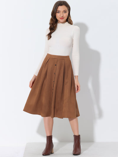 Faux Suede High Waist Swing Flared Midi Casual Skater Skirt