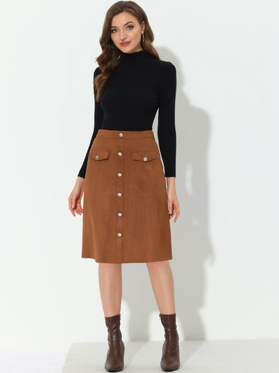 Allegra K High Waist Faux Suede Knee Length A-Line Skirt