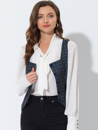 Square Neck Single Breasted Sleeveless Vintage Plaid Waistcoat Vest