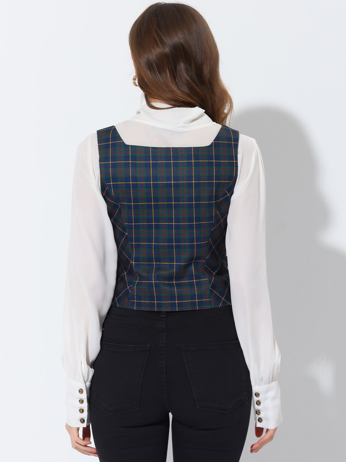 Allegra K Square Neck Single Breasted Sleeveless Vintage Plaid Waistcoat Vest