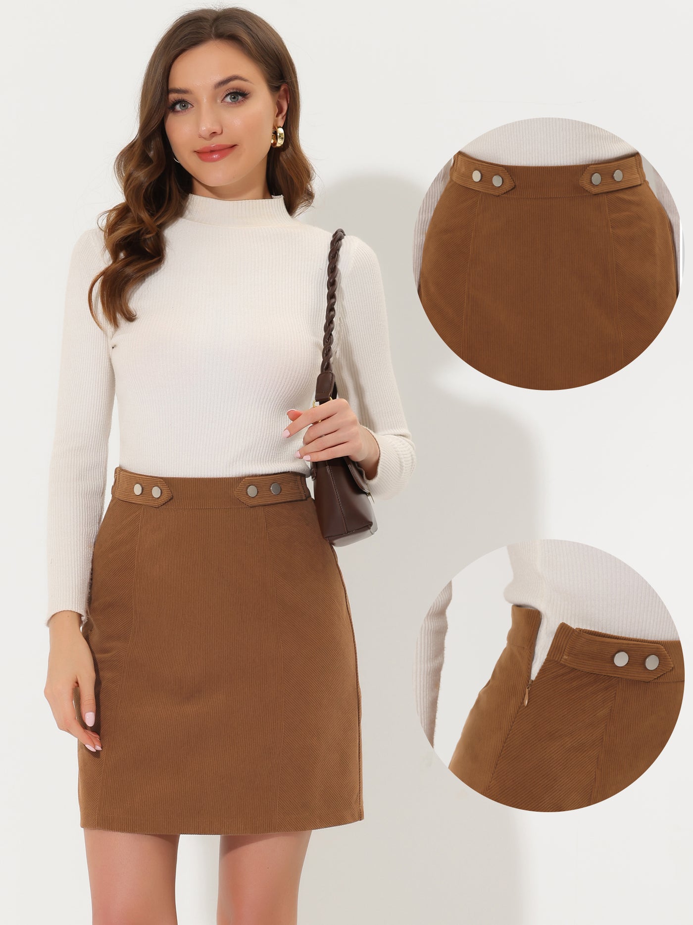 Allegra K Corduroy Skirt for Women's Mid Waist Mini A-line Slim fit Above Knee Length Skirt