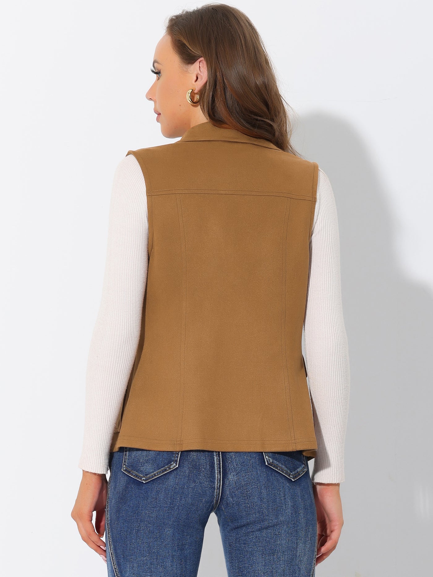 Allegra K Faux Suede Vest Utility Buttoned Sleeveless Jacket with Cargo Pocket