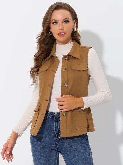 Faux Suede Vest Utility Buttoned Sleeveless Jacket with Cargo Pocket