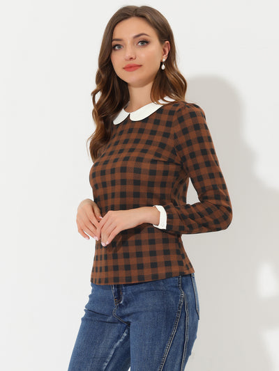 Peter Pan Collar Contrast Puff Sleeve Party Plaid Shirt Blouse