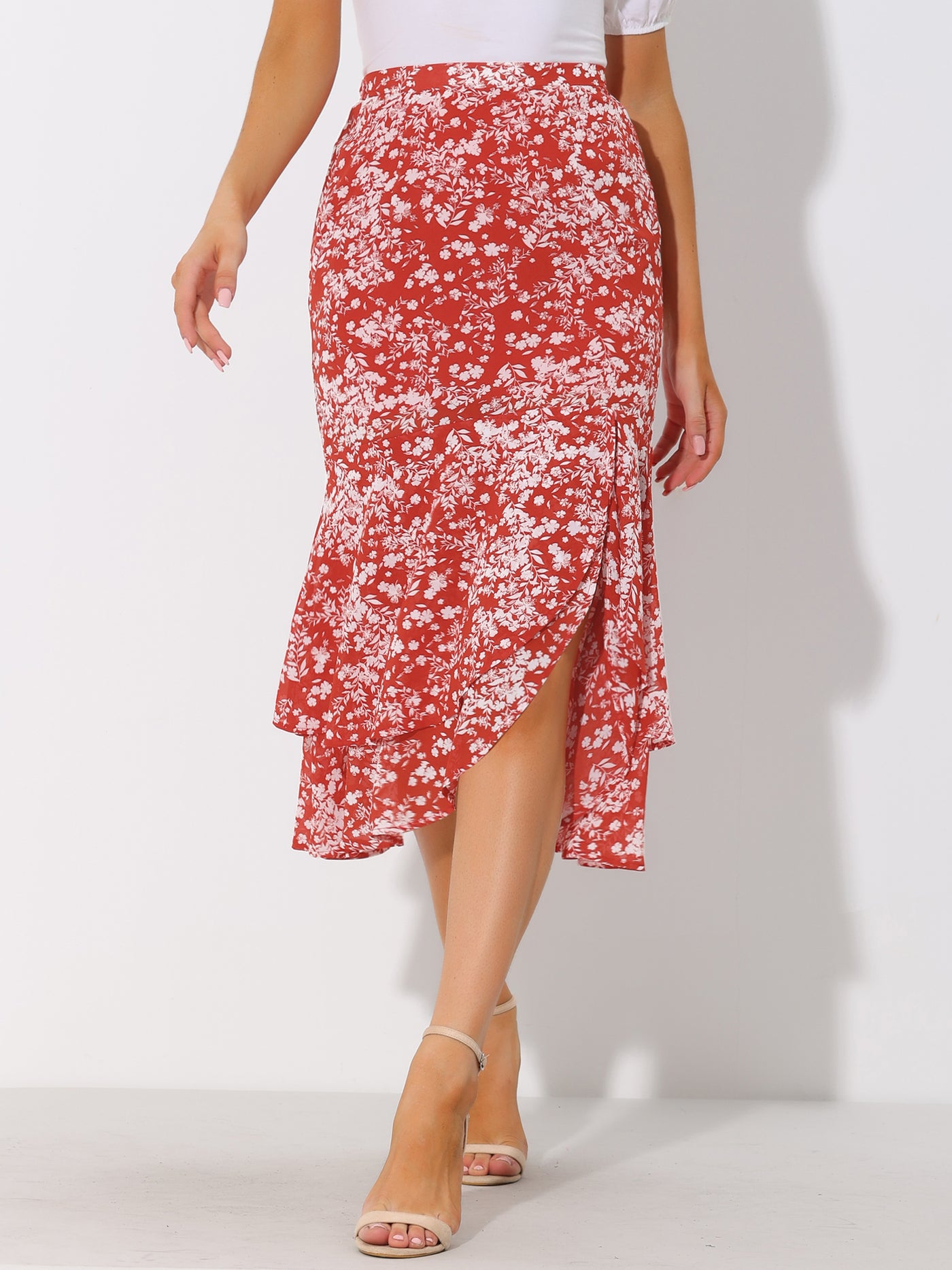 Allegra K Floral Asymmetrical Ruffle Hem Split Layered Midi Skirt