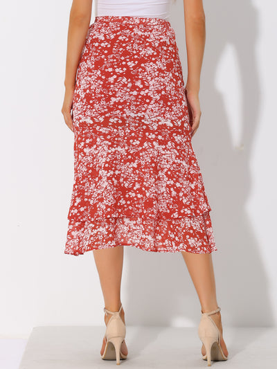 Floral Asymmetrical Ruffle Hem Split Layered Midi Skirt